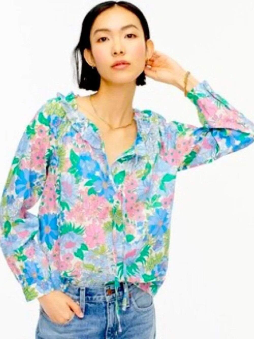 J. Crew Tie Front Ruffle Blouse Top Women's Large Fairy Floral AW851 Lightweight